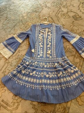 Tory Burch Blue Mini Dress with Cream Embroidery